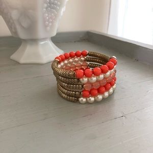 Coral, pearl and gold wrap bracelet